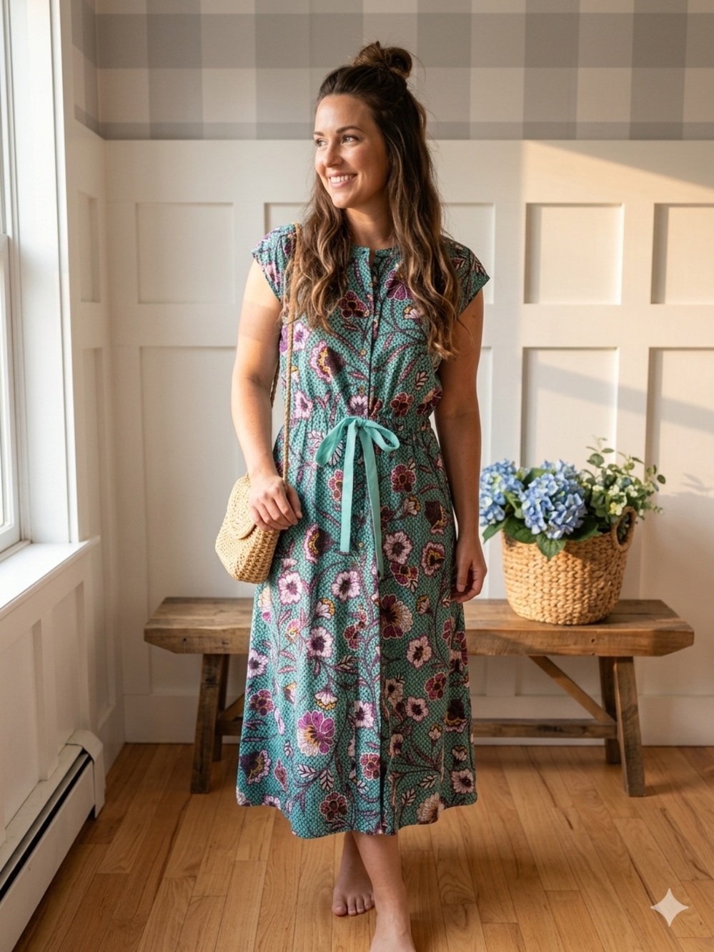 LOFT Teal Floral Tie-Waist Cap Sleeve Midi Dress 6